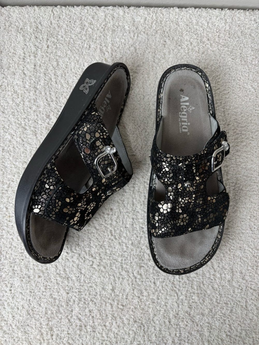 Alegria Sandal Women 41 US 10.5-11 Black Silver Peggy Metallic Pebble Slide